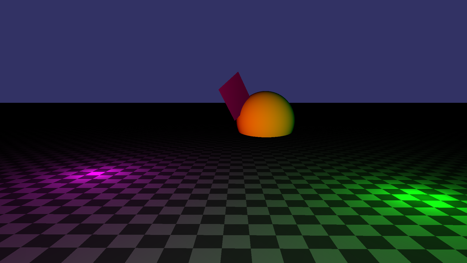 Simple lambert shading being showcased in the scene by two colored lights.[br][br]The scene contains the previous sphere and checkerboard plane, but I also added a non-infinite plane that goes inside the sphere