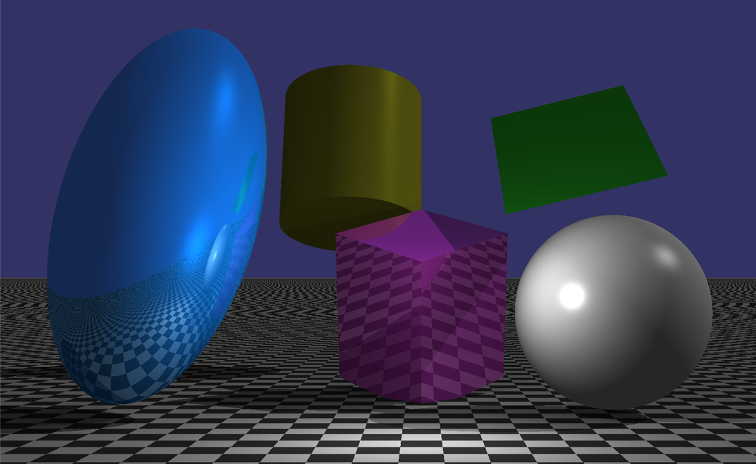 All shape primitives supported by the raytracer[br]Also showcasing translation, rotation, and scaling