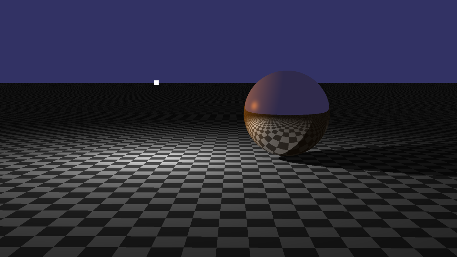 Reflections and shadows are showcased by this reflective sphere with a light source next to it. The sphere isn't fully reflective, which is why it still has an orange glow to it. [br][br]The white square is a visualization of the light source and is discussed in the debug rendering section