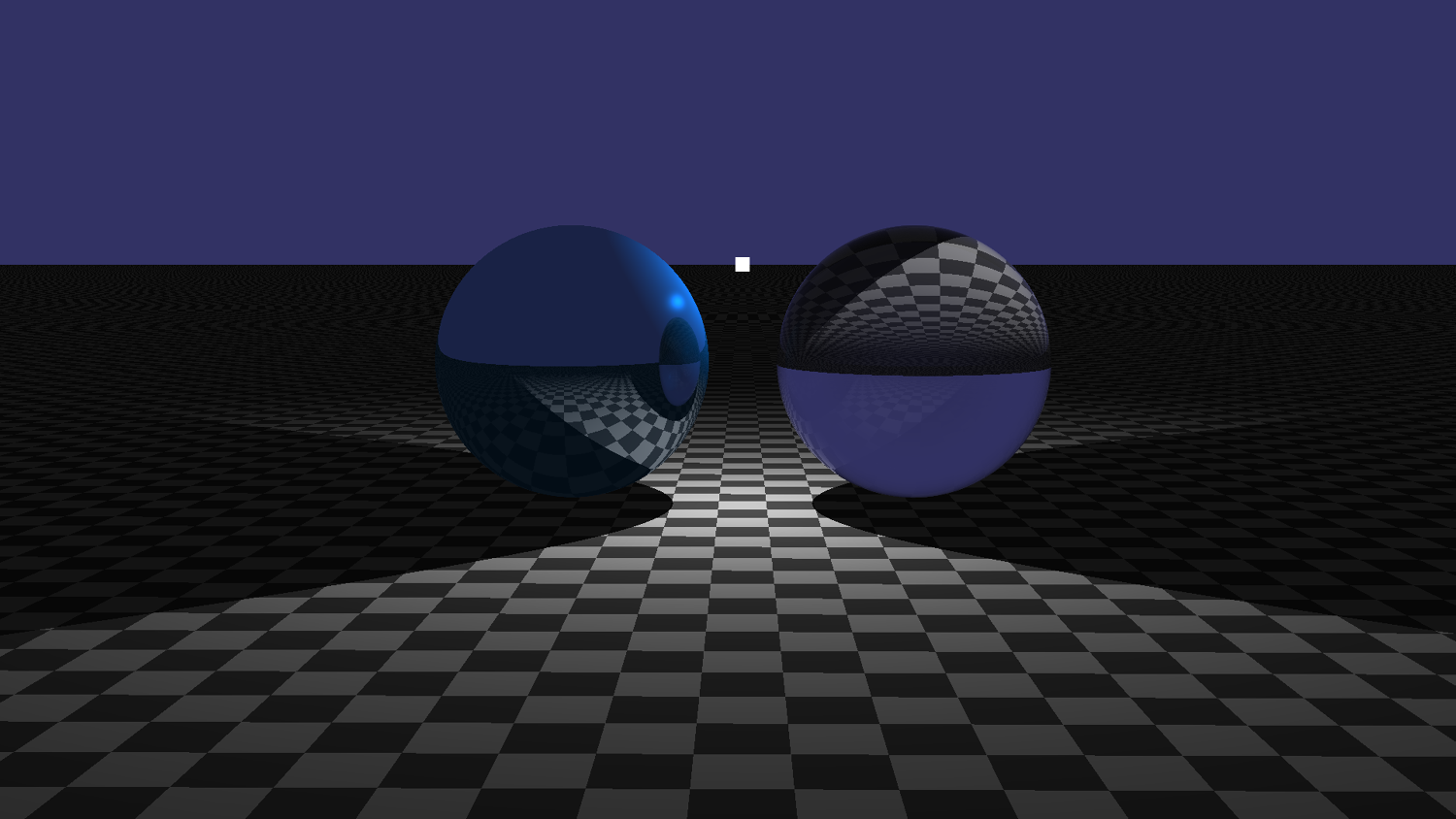 Refraction being showcased in a simple scene. The left sphere reflects and the right sphere refracts