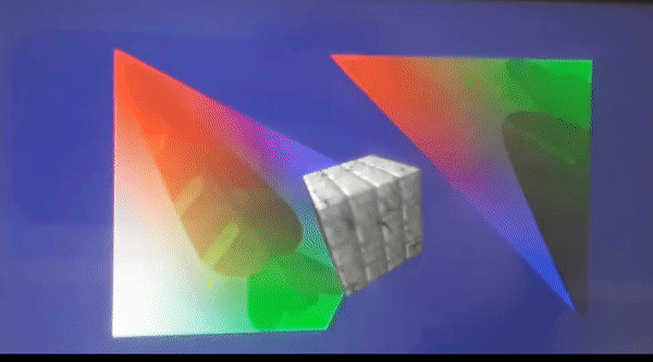 The final product of the learning stage where you can see a textured triangle and a quad blicking with uniforms and a transforming 3D model of a cube[br][br]The quality is bad because I filmed a screen for this