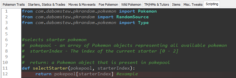 Example functions include the full declaration, documentation comments, and an example function body. This one picks a starter by accessing the pokepool by the starterindex, this usually picks Bulbasaur/Ivysaur/Venusaur and the starters, which is stupid but it's just an example.