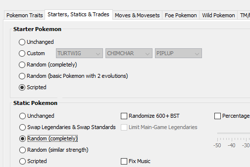 Here, a script function is used to select starter pokemon, while a normal randomization option is used for the static encounters.