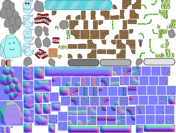 Sprite sheet, and its normal map equivalent, generated for the first level in the game